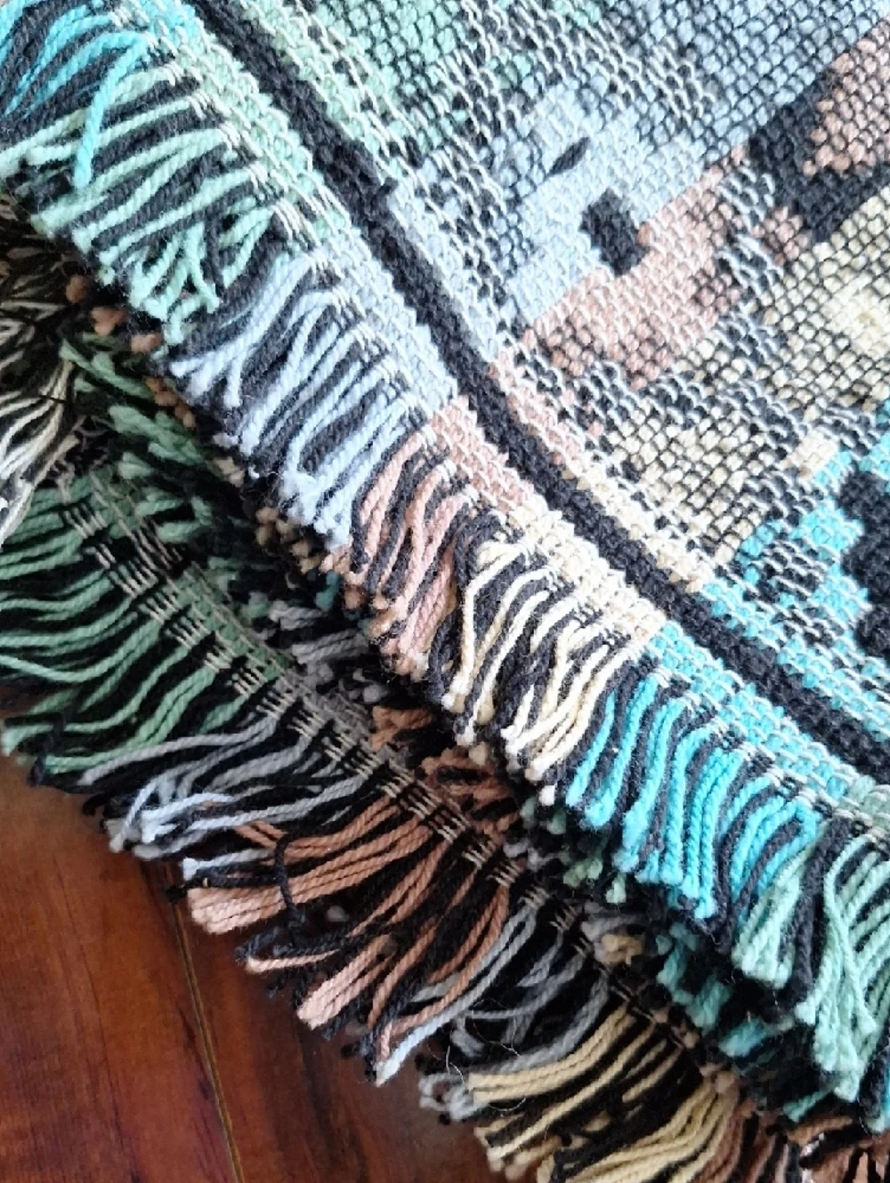 Southwestern Woven Fringe Rug - Aqua, Black & Tan